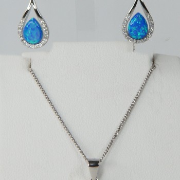 Sterling Silver/CZ/Blue Opal Drop Earrings and Pendant Set
